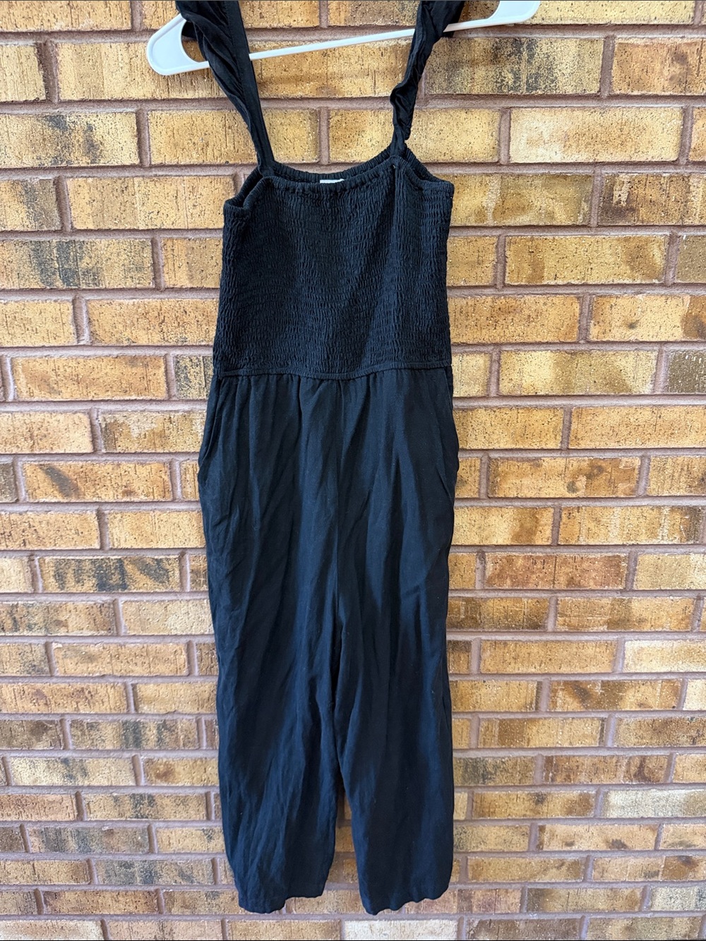 Pink Lily Black Smocked Strap Jumpsuit with Wide Legs